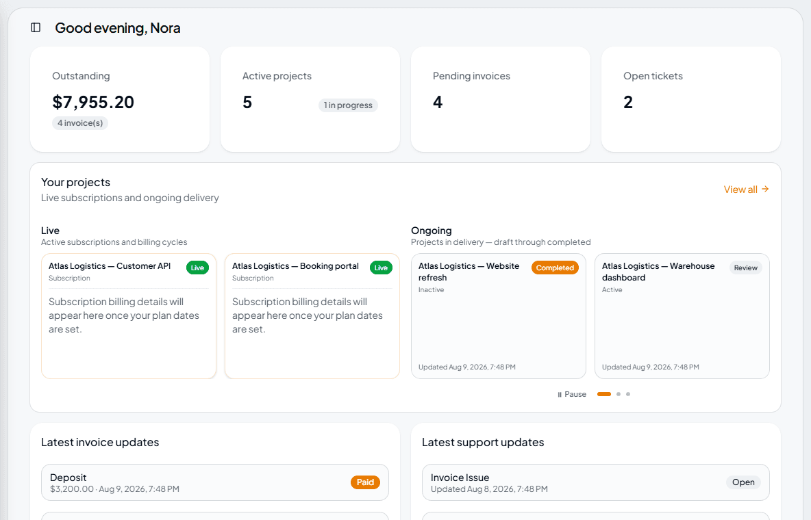 Client dashboard showing outstanding balance, active projects and recent updates