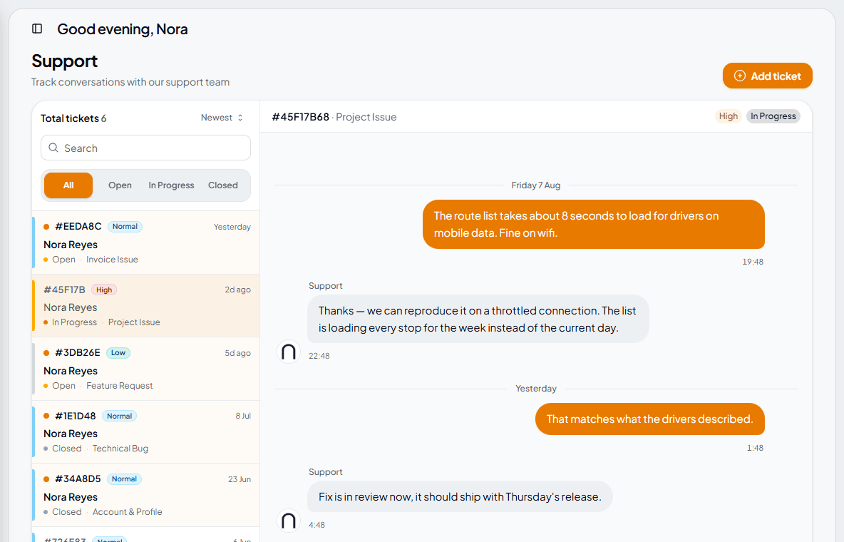 Support ticket conversation between a client and the Nullion team